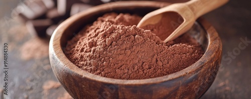 Cocoa powder in a wooden bowl with