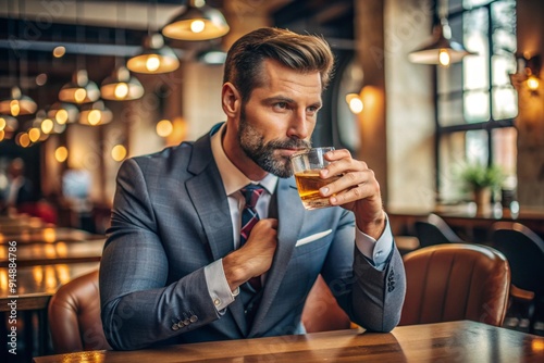 A man in a suit is sitting at a table with a glass of whiskey in front of him