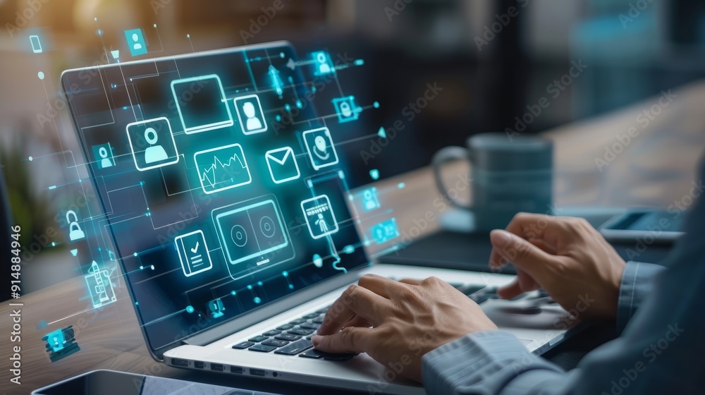 Know your customer (KYC) concept. Person use magnifying glass focus to identity verification system for Increase financial security and access personal financial data. Biometrics security Know your customer (KYC) concept. Person use magnifying glass focus to identity verification system for Increase financial security and access personal financial data. Biometrics security