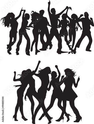 Silhouette of people dance party group on white background