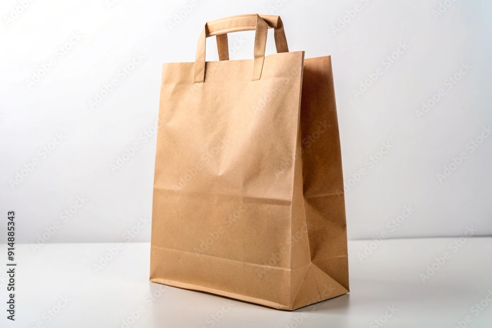 A brown paper bag sits on a white table A brown paper bag sits on a white table