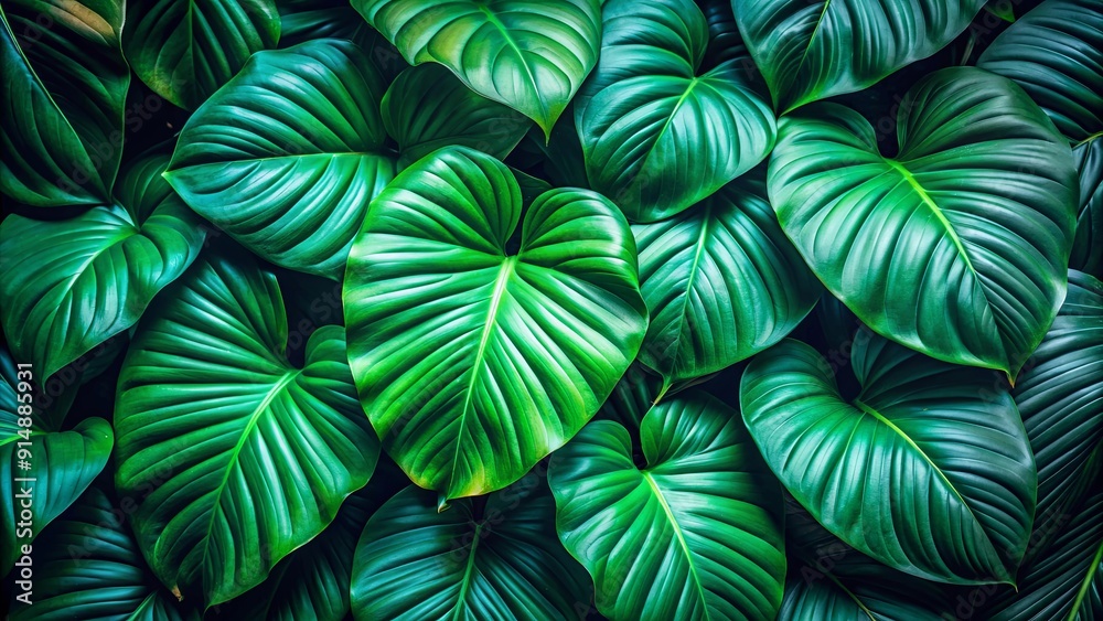 Closeup of vibrant tropical green leaves in a garden with a dark tone background, tropical, green, leaves, nature, garden