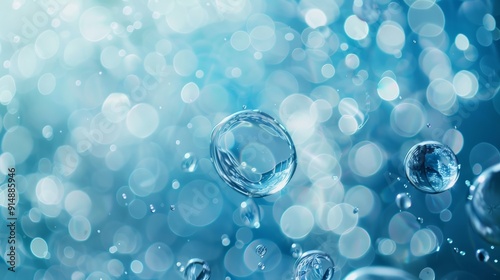 Wallpaper Mural Close up of water bubbles on blue background. Abstract blue fresh hygiene template. Luxury cosmetics body care and clean energy. Concept shot of transparent elegant vitality serum air bubbles Torontodigital.ca