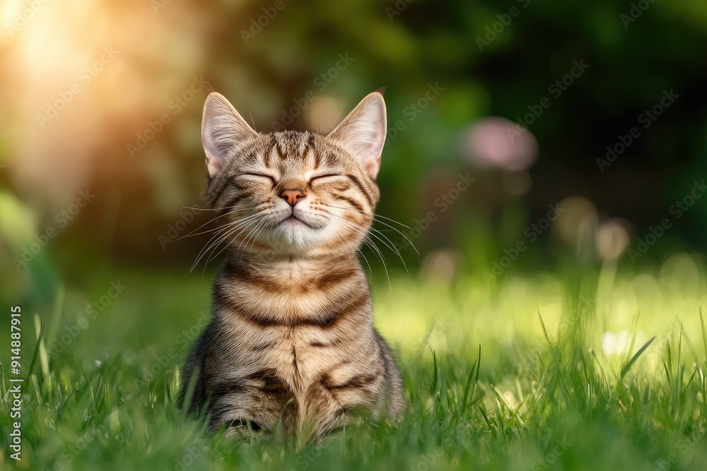 Fototapeta premium A playful tabby cat sitting in lush green grass, enjoying the warm sunlight in a serene outdoor setting.