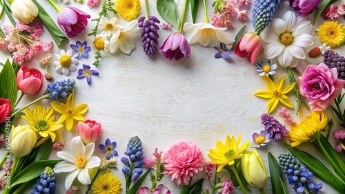 Spring flowers arranged in a border on a flat lay surface with copy space, spring, flowers, border, vibrant, colors
