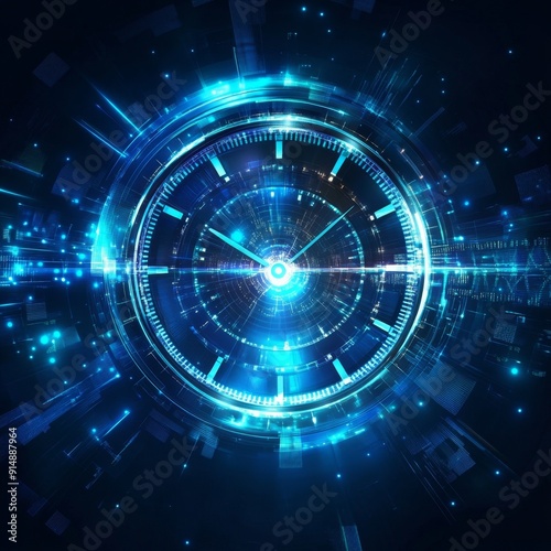 Futuristic Time Travel Concept: Abstract Technological Background with Clocks and Chronometry Elements. Innovative Blue Sci-Fi Design for Creative Marketing and Advertising. High-Tech Temporal Visuali photo