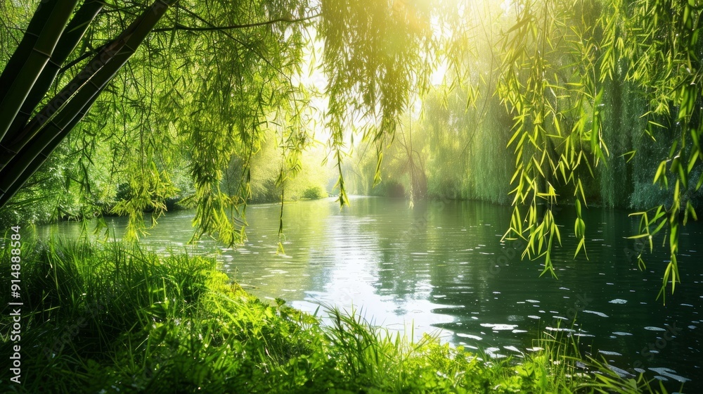Obraz premium Sunlight Filtering Through Willow Branches Over a River
