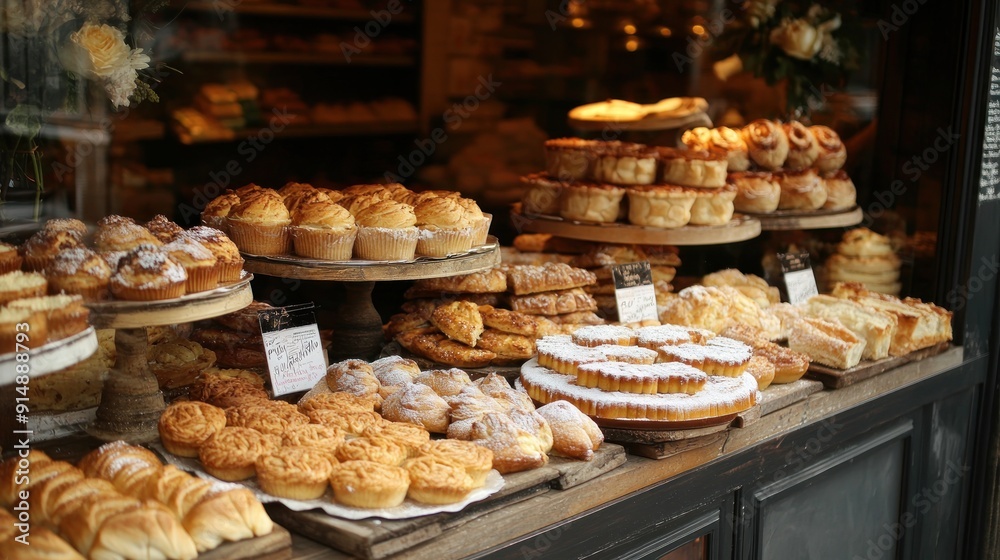 A Bakery Window Display of Delicious Pastries A Bakery Window Display of Delicious Pastries