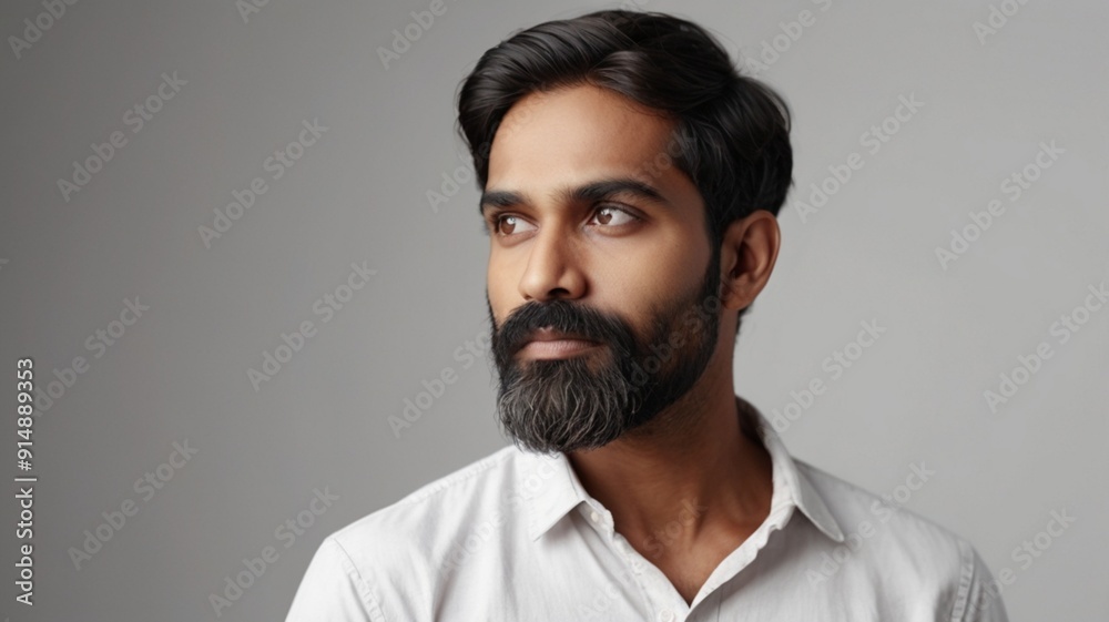 Close up profile face view of pensive Indian man with attractive appearance, well-groomed beard looks into distance posing on white grey copy space background for your text. Thoughts, memories, quote Close up profile face view of pensive Indian man with attractive appearance, well-groomed beard looks into distance posing on white grey copy space background for your text. Thoughts, memories, quote