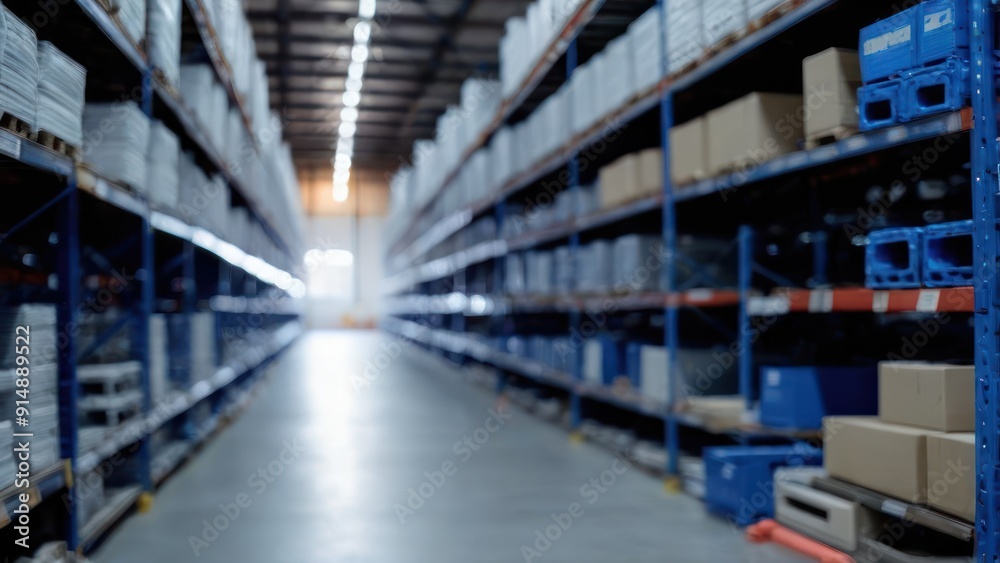 Fototapeta premium a warehouse filled with lots of shelves and several blue buckets,
