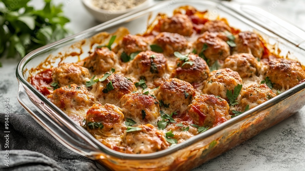 Delicious turkey meatballs in a glass casserole dish, set on a light table Delicious turkey meatballs in a glass casserole dish, set on a light table