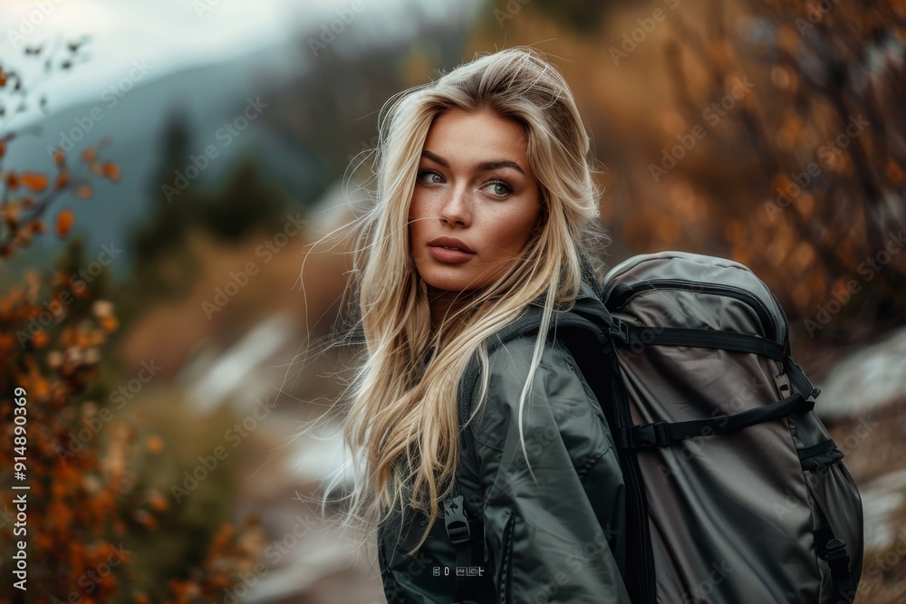 Blonde woman in hiking outfit with backpack on a mountain trail, close-up portrait, looking at camera in cinematic style.