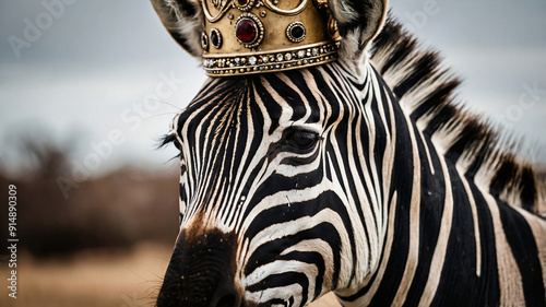 Close up of Zebra macro zoomed detailed focus from a safari african savannah wearing a crown tiarra photo