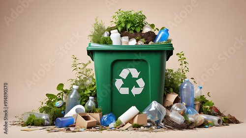 Artistic Representation of a Recycling Bin Surrounded by Various Recycled Materials and Green Plants, Symbolizing Earth Day and Environmental Conservation with Ample Copy Space photo