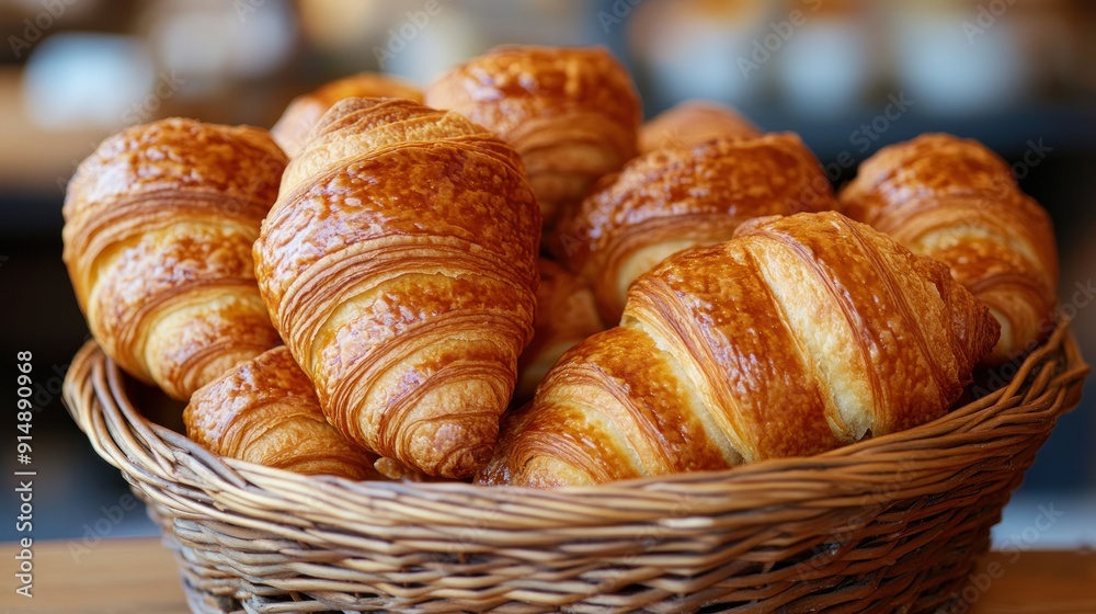 Close Up of Freshly Baked Croissants in a Wicker Basket Close Up of Freshly Baked Croissants in a Wicker Basket