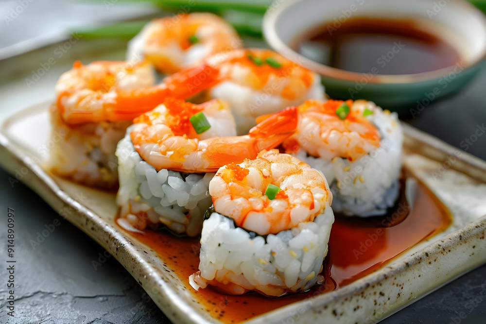 Shrimp Sushi Rolls with Soy Sauce - Food Photography Shrimp Sushi Rolls with Soy Sauce - Food Photography