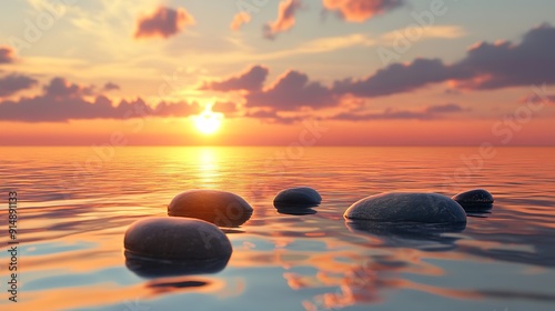 Oily water with stones lying beneath, set against a sunset sky. The scene features the sun, clouds, and the fading light of the day.