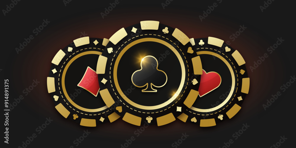 Trio of playing chips or token. Gambling coin with suit clubs. Realistic playing chip with the suit of clubs in the center, gambling tokens. Banner for web app or site. Concept poker or casino. Trio of playing chips or token. Gambling coin with suit clubs. Realistic playing chip with the suit of clubs in the center, gambling tokens. Banner for web app or site. Concept poker or casino.