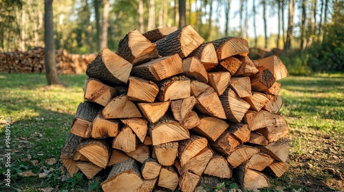 A pile of firewood stacked and prepared for winter. Background of neatly arranged firewood.