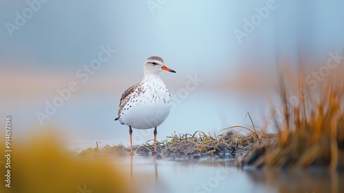 Male ruff bird at a wetland during the mating season in spring