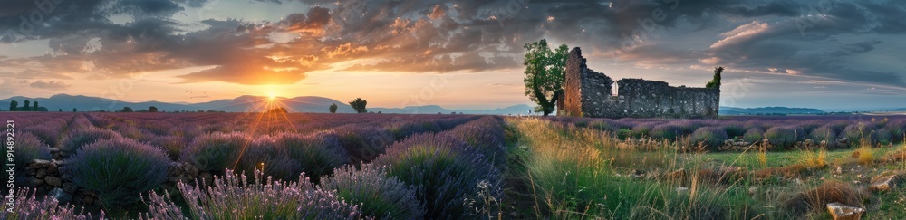 Sunrise Over Lavender Fields and a Ruin Sunrise Over Lavender Fields and a Ruin