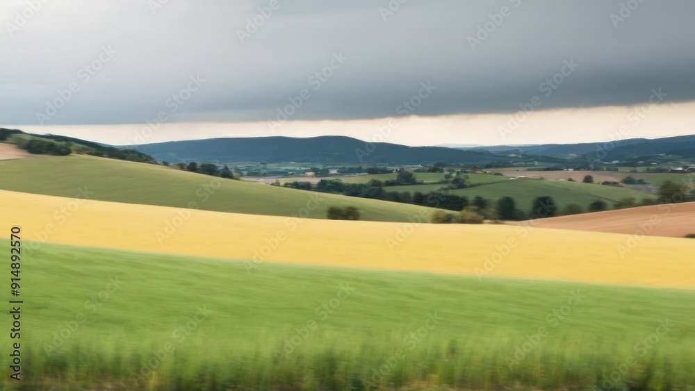 Fototapeta premium clouds over an otherwise plowed country near a valley and town,