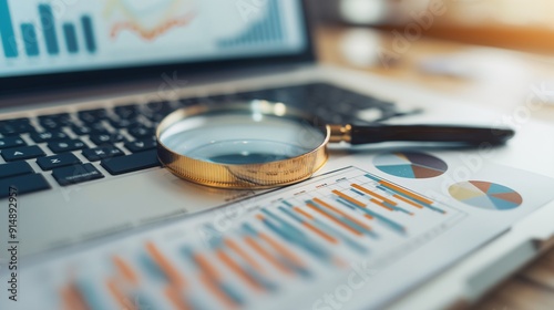 Data Under Scrutiny: A golden magnifying glass rests atop financial reports and charts displayed on a laptop, symbolizing meticulous analysis and strategic decision-making in the business world. 