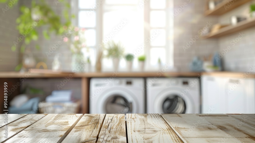 Blurred laundry room setting with wooden table for product display. Blurred laundry room setting with wooden table for product display.