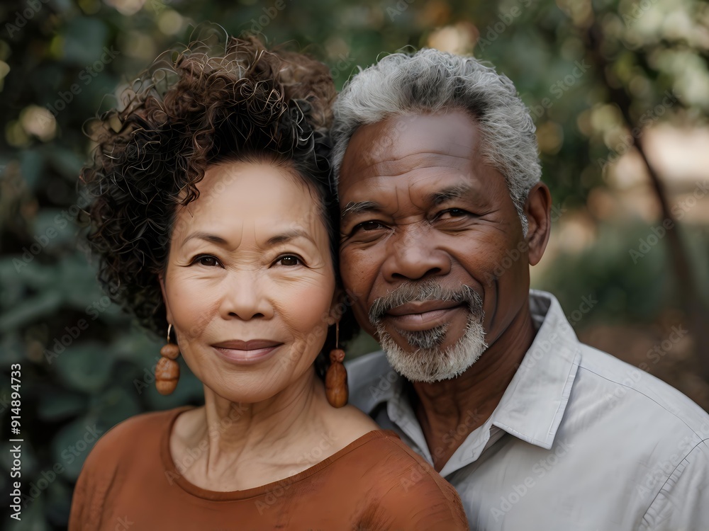 Portrait of a couple of black man from Africa and white woman from Asia, individuals of different races