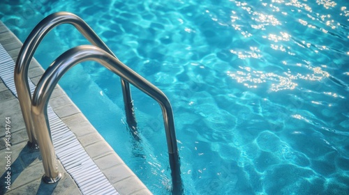 Swimming pool scene with metallic grab bars and clear blue water, creating a refreshing and inviting atmosphere.