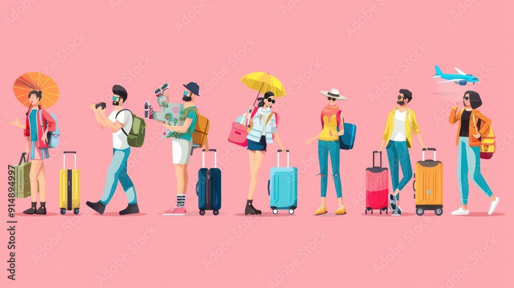 Diverse Group of Travelers with Luggage and Accessories Ready for Vacation Diverse Group of Travelers with Luggage and Accessories Ready for Vacation