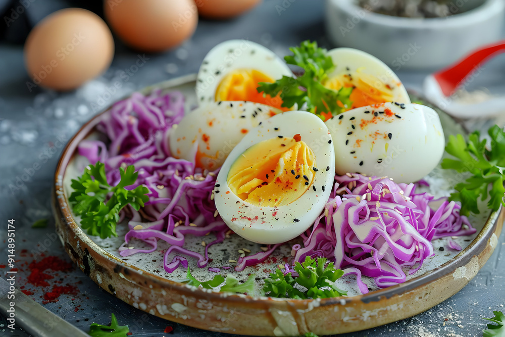 Boiled Eggs with Red Cabbage Salad, Sesame Seeds and Parsley, Photo Boiled Eggs with Red Cabbage Salad, Sesame Seeds and Parsley, Photo