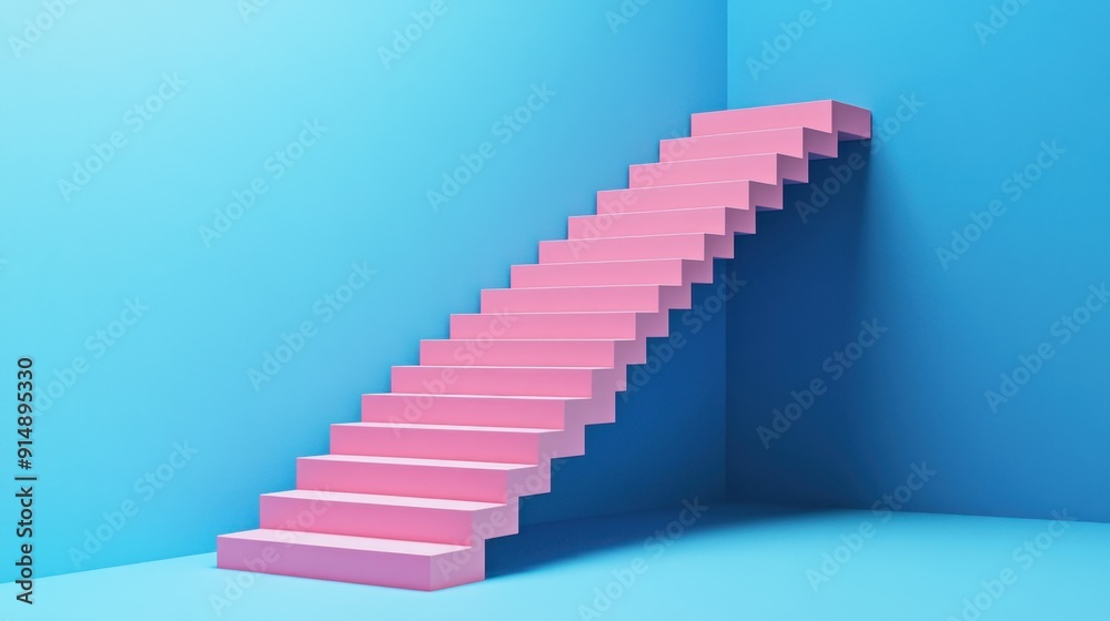 Pink staircase isolated on a blue background, minimalist architectural design elements, blank platform for creative concepts, 3D render. Pink staircase isolated on a blue background, minimalist architectural design elements, blank platform for creative concepts, 3D render.