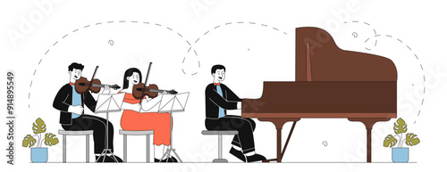 Musicians performing on stage. Man with piano and women with violins perform on stage. Classical music concert. Orchestra at Philharmonic. Linear vector illustration