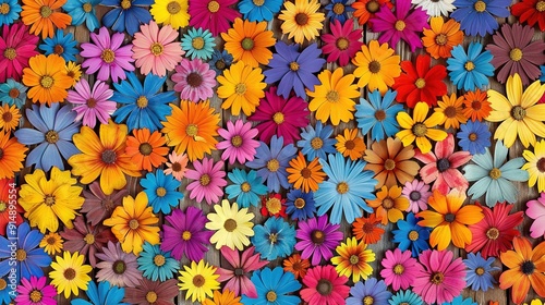  Close-up of various colored flowers with numerous petals arranged in the center