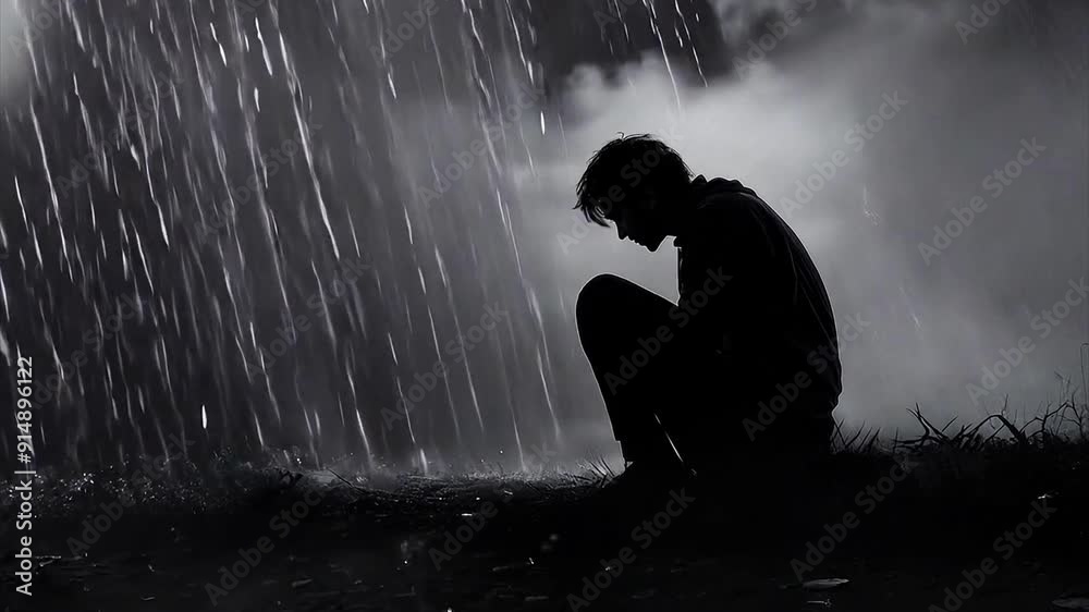 Pushing towards a sad person sitting in profile and silhouetted as the rain pours and clouds swirl. For sadness meme.