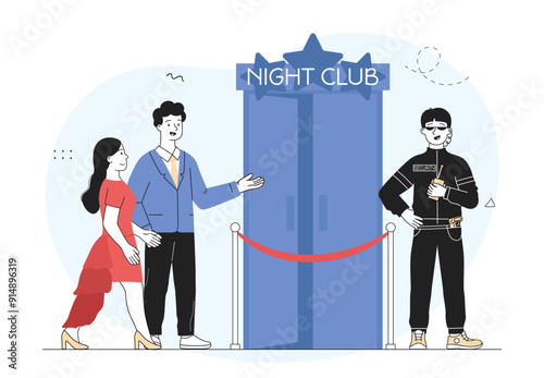 Queue at nightclub. Man and woman undergo face control. Visitors with night life. Party and event. Entertainment and fun, leisure. Linear vector illustration