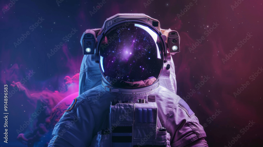 Front view astronaut potrait. Astronaut in space suit with galaxy and nebula reflection in helmet glass Front view astronaut potrait. Astronaut in space suit with galaxy and nebula reflection in helmet glass