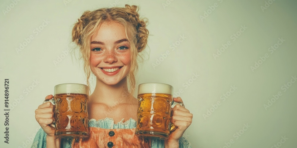 Young blonde woman with two beer mugs. Oktoberfest. Young blonde woman with two beer mugs. Oktoberfest.