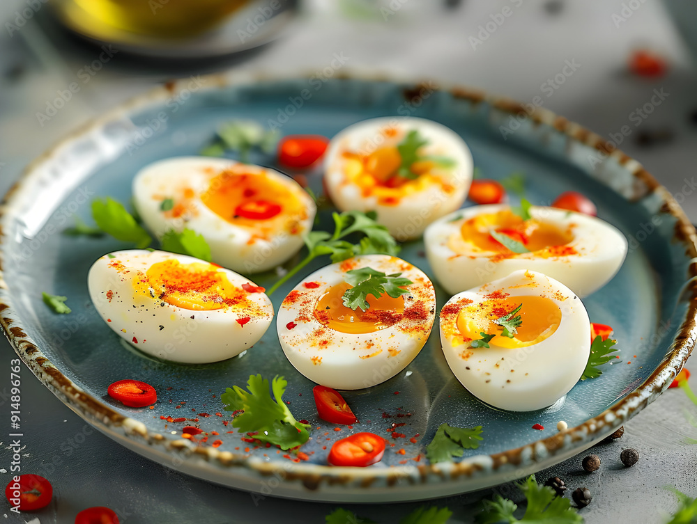 Photo of Boiled Eggs with Spices and Herbs on a Blue Plate Photo of Boiled Eggs with Spices and Herbs on a Blue Plate