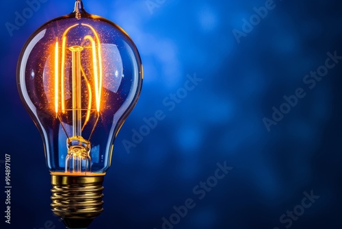 Close up of glowing incandescent light bulb on dark blue backdrop in detailed shot photo