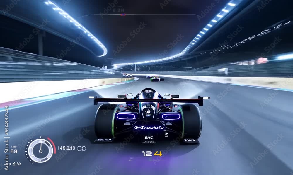 Race Car Speeding on Track at Night Race Car Speeding on Track at Night