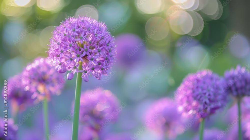 A Single Purple Allium Flower in Focus with a Blurred Background of Other Alliums A Single Purple Allium Flower in Focus with a Blurred Background of Other Alliums