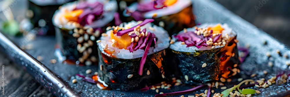 Close-up of Sushi Rolls with Red Cabbage, Sesame Seeds and Soy Sauce Close-up of Sushi Rolls with Red Cabbage, Sesame Seeds and Soy Sauce