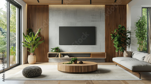 Modern living room interior with tv on wood cabinet