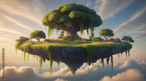 Default On this majestic verdant floating island suspended ami ai generatie photo