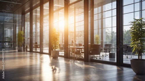 interior of modern office building | Modern business office setting environment blurred background with sunlight reflection on window glass for design