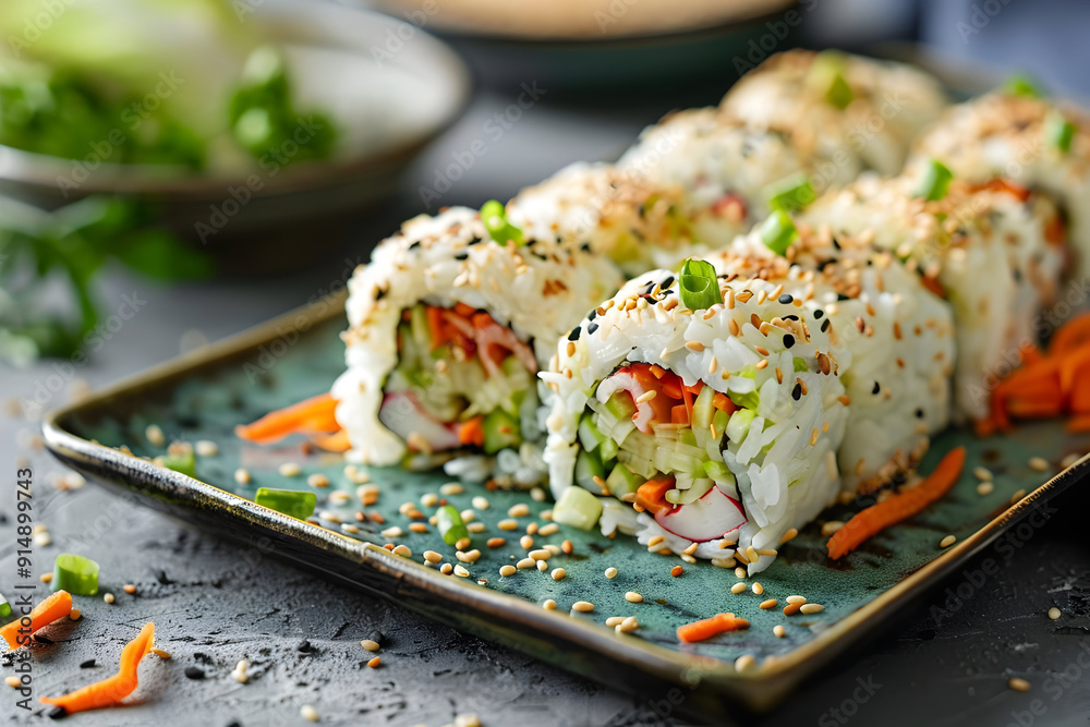 Closeup of a Plate of Vegetable Sushi Rolls with Sesame Seeds and Green Onions - Food Photography Closeup of a Plate of Vegetable Sushi Rolls with Sesame Seeds and Green Onions - Food Photography
