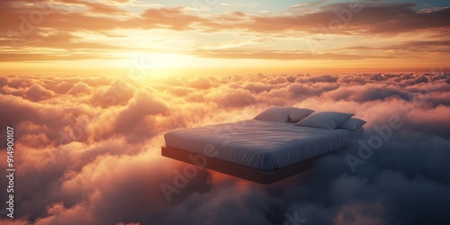 Serene Cloudscape Slumber: A Tranquil Bed Drifting Above the Clouds, Bathed in the Warm Glow of a Stunning Sunset - An Otherworldly Escape for E-commerce Advertising. photo