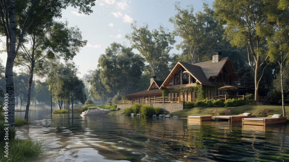 Create a 3D rendering of a serene lakeside retreat. What features, such as cabins, boats, and natural surroundings, make it a perfect getaway Create a 3D rendering of a serene lakeside retreat. What features, such as cabins, boats, and natural surroundings, make it a perfect getaway